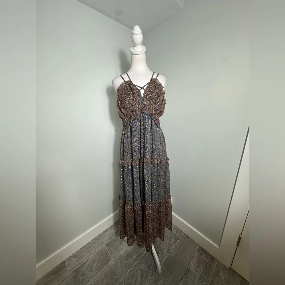 Lucky Brand Ruffle Floral Maxi Sundress Blue Brown w Gold  Size Large - Picture 4 of 16